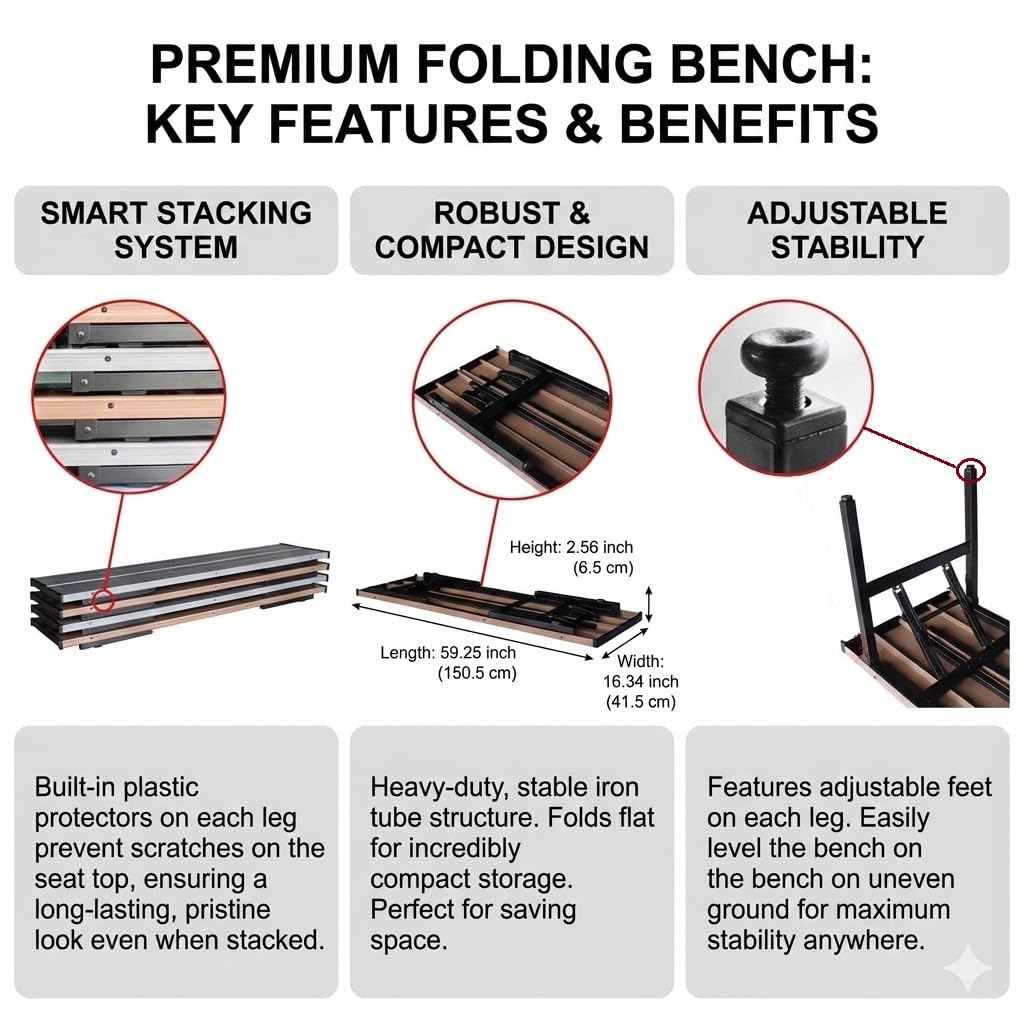 GL GLOBAL LIFE Collapsible Portable Folding Benches Seat for Outside Seating Soccer Sports Team Camping Foldable Bench Iron Tubes,Brown-59.25"