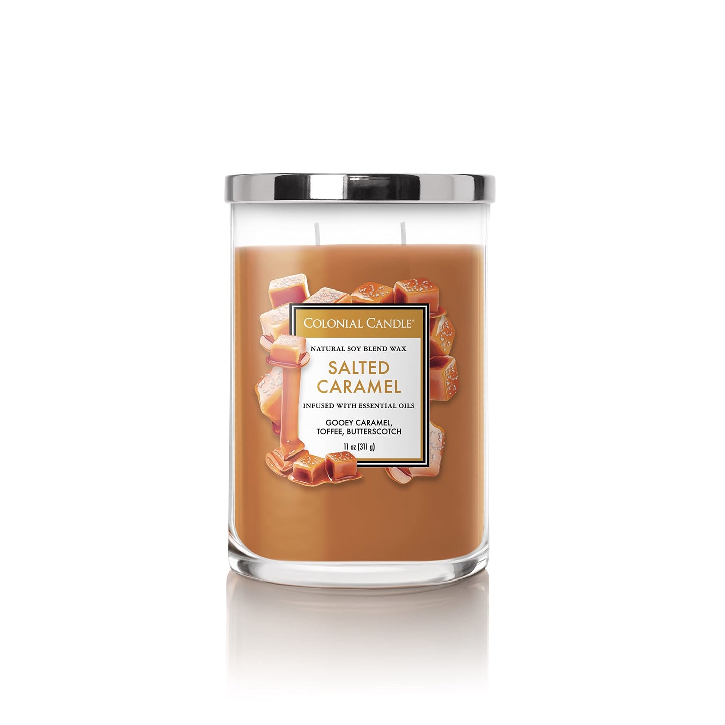 Colonial Candle Salted Caramel Scented Jar Candle, Classic Cylinders Collection, 2 Wick, Yellow, 11 oz - Up to 80 Hours Burn
