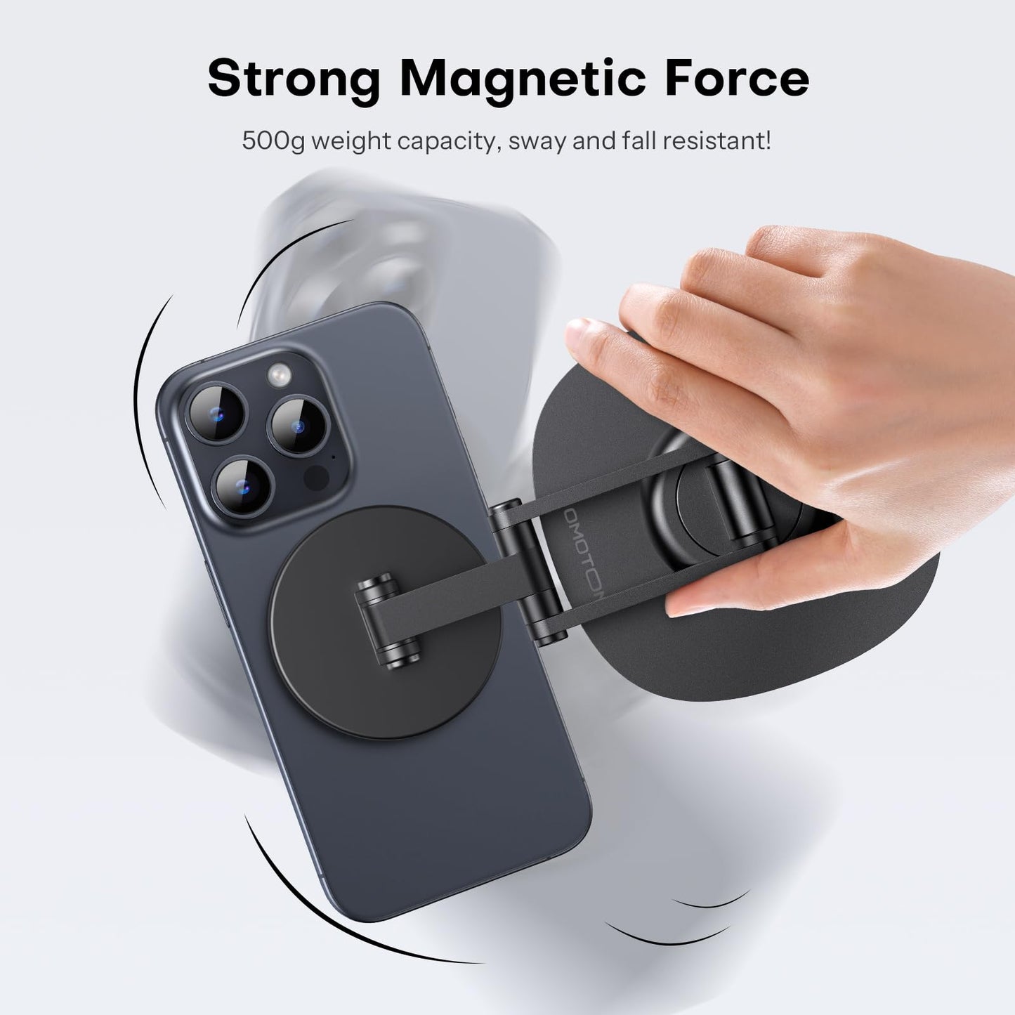 OMOTON 360°Rotating Magnetic Phone Stand for Desk, Adjustable Foldable Aluminum for MagSafe Cell Phone Stand Holder with Non-Slip Base, for iPhone 17/16/15/14 Pro Max Air/MagSafe Case- Black