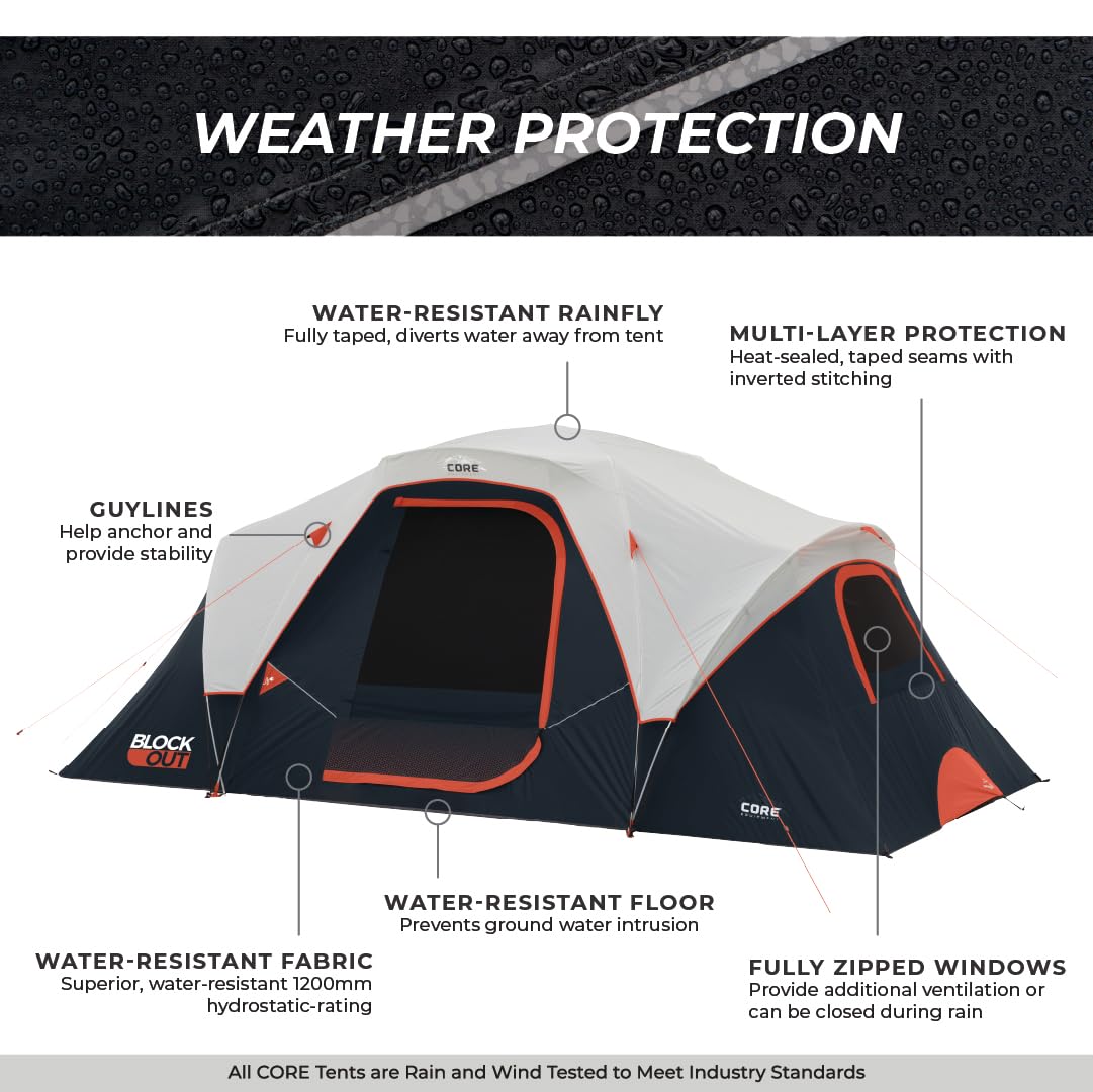 CORE 9 Person Dark Room Tent | Best Car Camping Outdoor Family Blackout Dome Tent | Included Wall Organizer for Camping Accessories