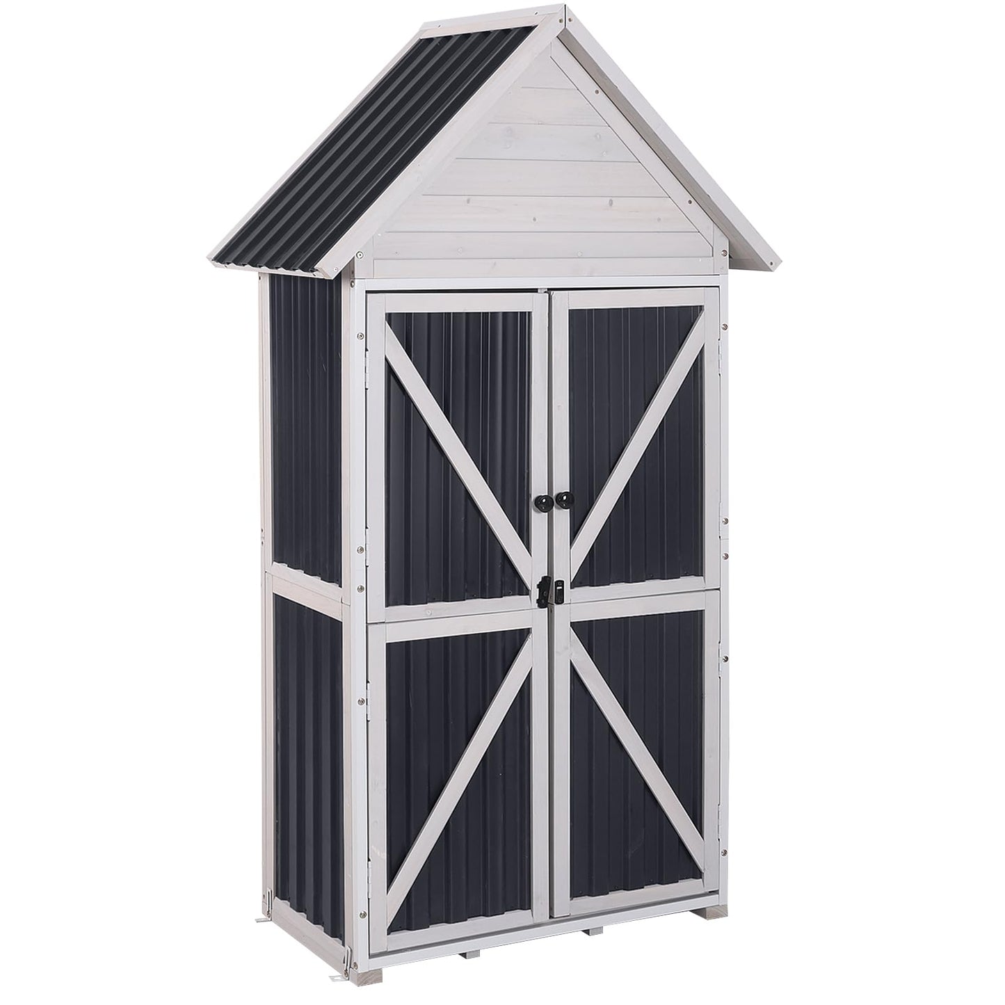 GUTINNEEN Outdoor Storage Cabinet, Wood & Metal Frame Garden Storage Shed with Waterproof Plastic Roof, Adjustable Shelves, Raised Base, Weather-Resistant Tool Shed for Backyard, Patio & Lawn, 67.5"H
