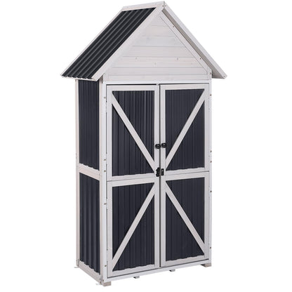 GUTINNEEN Outdoor Storage Cabinet, Wood & Metal Frame Garden Storage Shed with Waterproof Plastic Roof, Adjustable Shelves, Raised Base, Weather-Resistant Tool Shed for Backyard, Patio & Lawn, 67.5"H