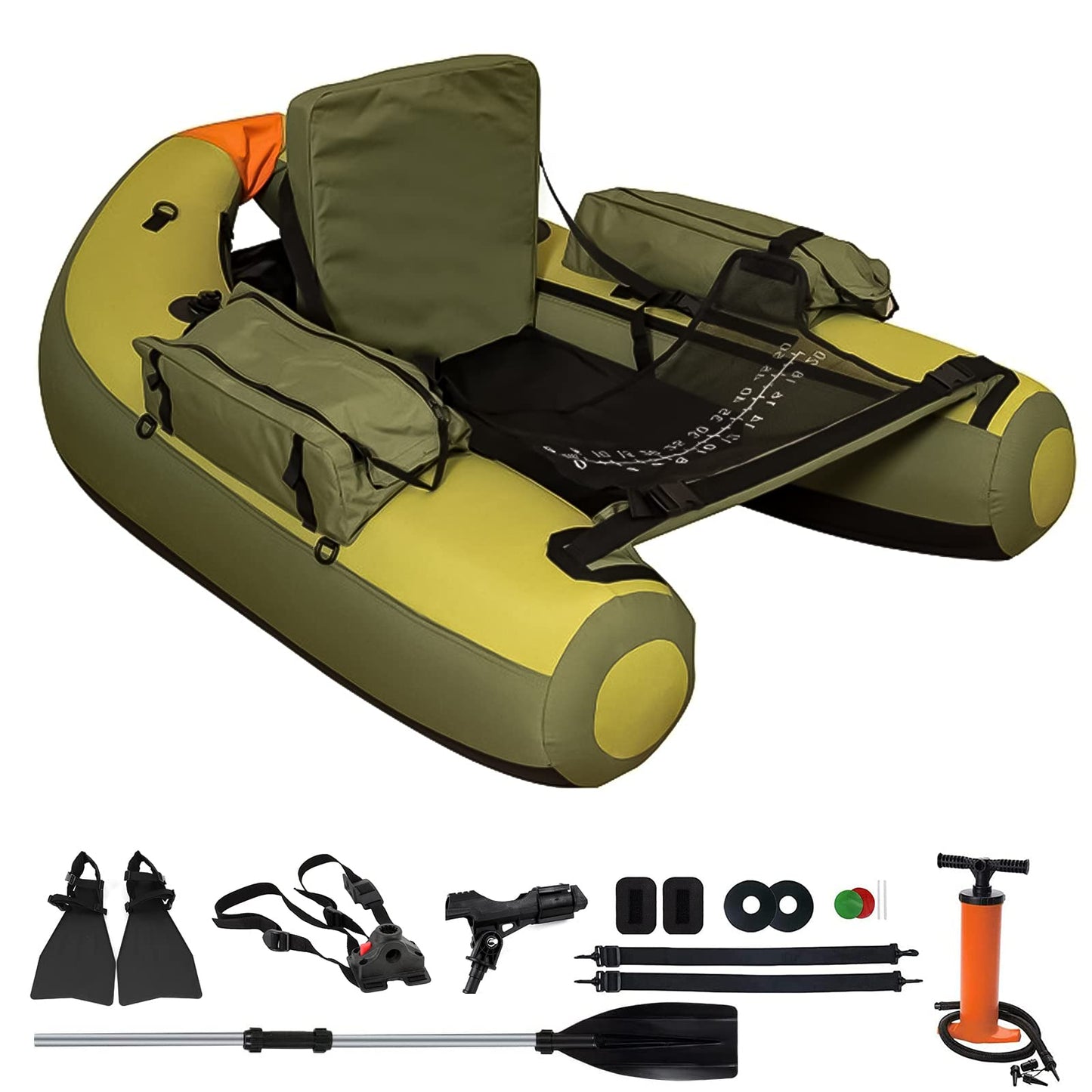 Xproutdoor Fishing Float Tube with Adjustable Backpack Straps, Storage Pockets, Fish Ruler, Fly Fishing Boat with Pump, Oar, Rod Holder and, Fins (Army Green, 27.09 x 20.31 x 10.79in)