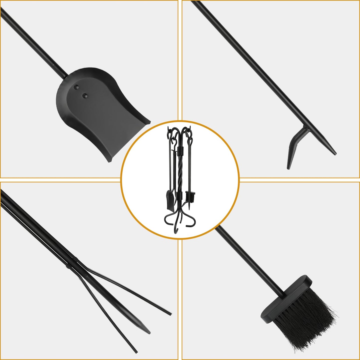 Nouetele 5-Piece Fireplace Tools Set Wrought Iron - NO Assembly - Heavy Duty 32" Solid Steel Fire Poker Set for Outdoor Fire Pit & Wood Stove - Fire Place Set with Tongs, Shovel, Brush, Stand