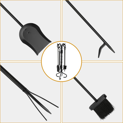 Nouetele 5-Piece Fireplace Tools Set Wrought Iron - NO Assembly - Heavy Duty 32" Solid Steel Fire Poker Set for Outdoor Fire Pit & Wood Stove - Fire Place Set with Tongs, Shovel, Brush, Stand