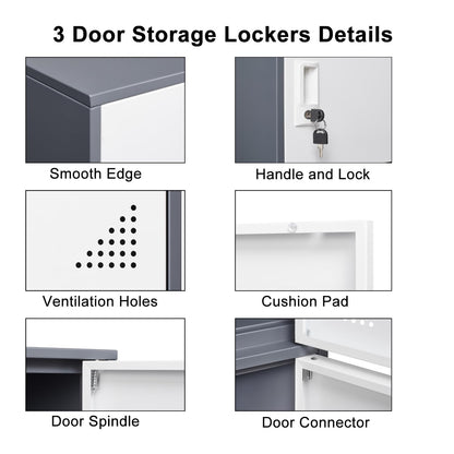 FURSTEL Student Locker Organizer, Multi-Door Steel Locker, Small Locking Cabinet Storage Organizer, Office File Cabinet, Home Locker, Gym Locker, Metal Storage Locker (3 Door, Gray & White)