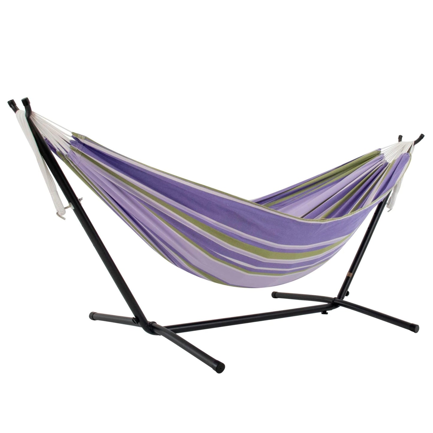 Vivere Double Cotton Hammock with Space Saving Steel Stand, Upgraded Polyester End Strings 450 lb Capacity - Premium Carry Bag Included - USA Grown Cotton (Tranquility)