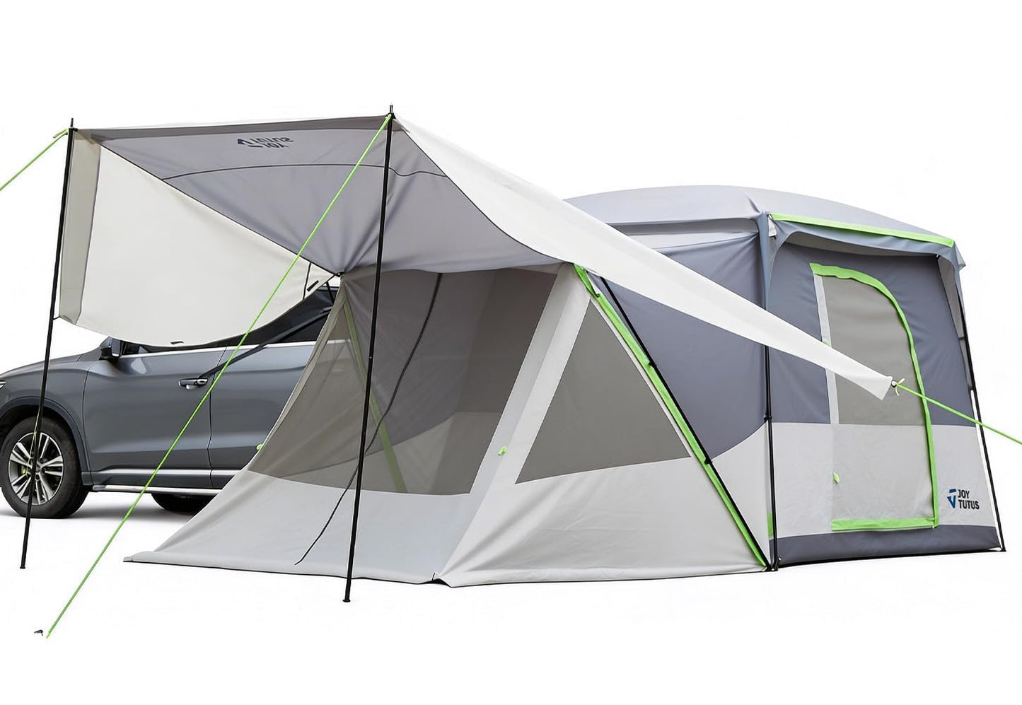 JOYTUTUS SUV Tent with 2 Rooms, Rainfly & Awning for Family Camping, 60% More Space Car Tent for 5-9 Person, Dual-Use for SUV or Ground Camping Tent with Screen Porch, Double Door,Mesh Roof