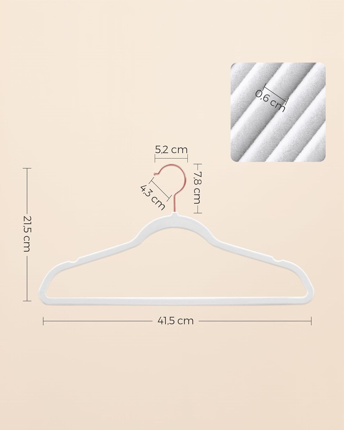 SONGMICS Slim Velvet Hangers - Non-Slip Clothes Hangers with Rose Gold Hooks | Space-Saving, 50 Pack, White