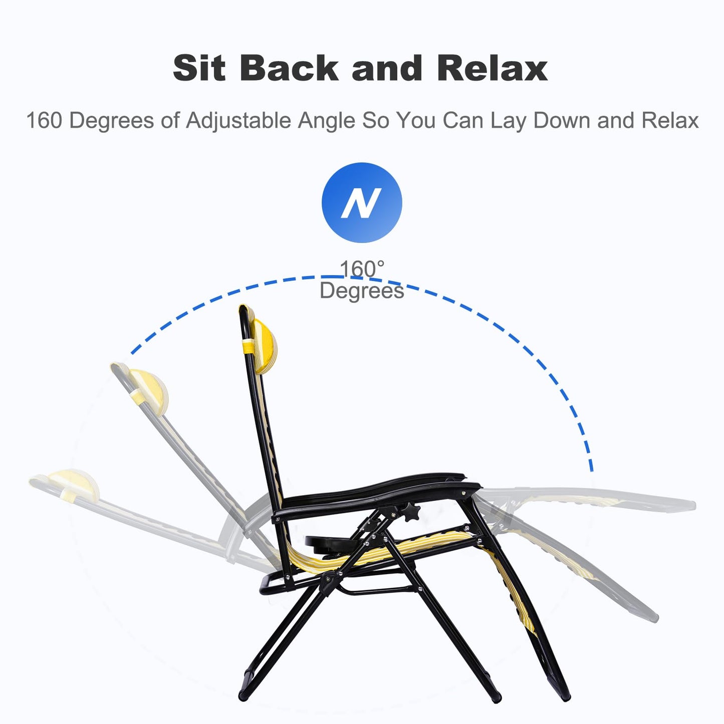 Nazhura Set of 2 Relaxing Recliners Patio Chairs Adjustable Steel Mesh Zero Gravity Lounge Chair Beach Chairs with Pillow and Cup Holder (Yellow Stripe)