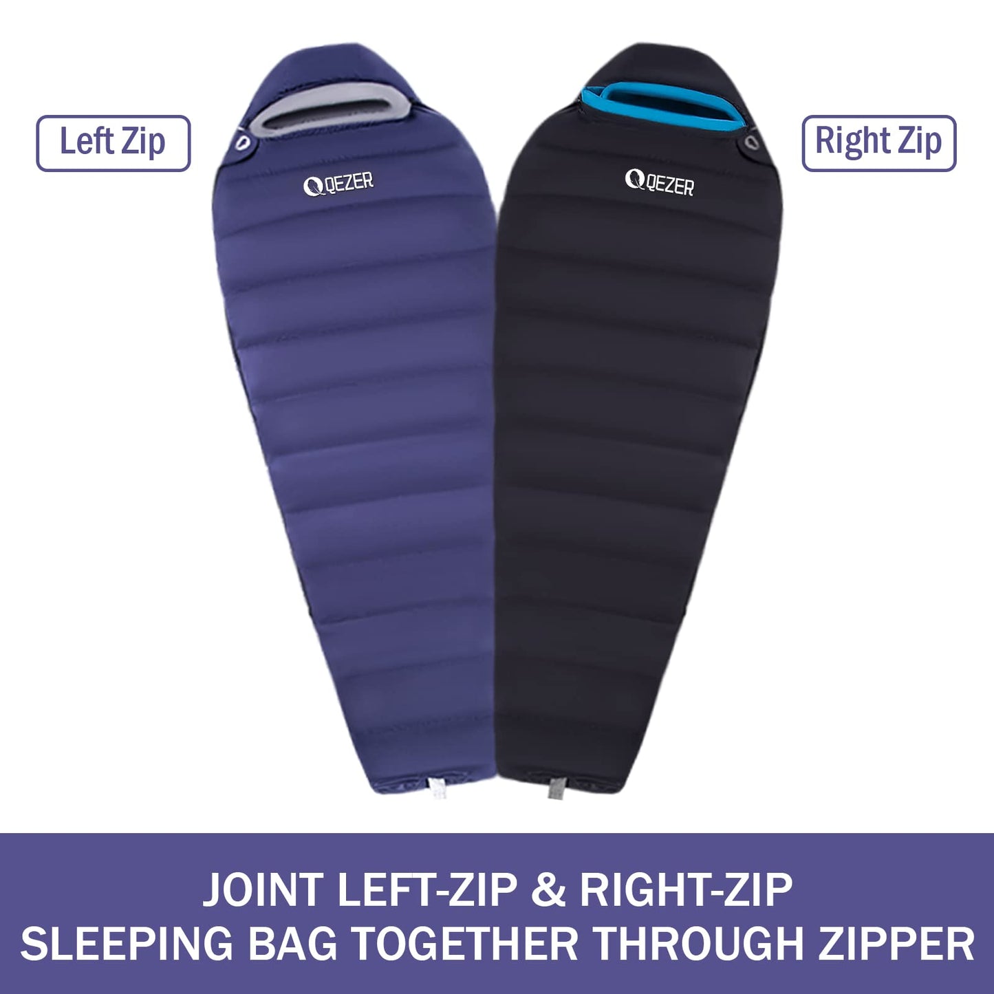 QEZER Down Mummy Sleeping Bag for Adults, 3 Season Lightweight Compact for Camping Backpacking Hiking, 45°F to 18°F Sleeping Bag with 600 Fill Power Down