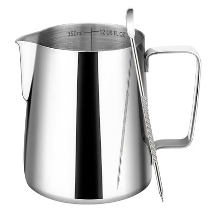 Amrules Milk Frothing Pitcher, 12oz Milk Frother Cup with Clear Scale, 304 Stainless Steel Cappuccino Espresso Machine Accessories for Barista Coffee Bar with Latte Art Pen, Silver