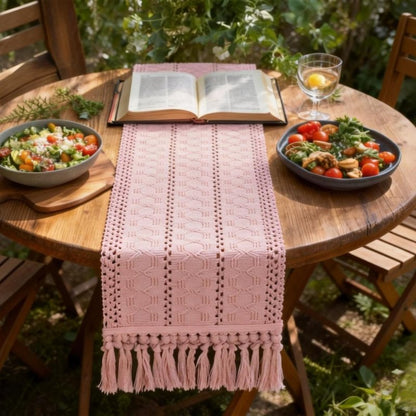 Socomi Boho Table Runner Easter Spring Farmhouse Rustic Dining Kitchen Centerpiece Decor Small Macrame Woven Cotton Linen Coffee Table Runner for Dresser Scarf Home Decor 12x72 in Pink