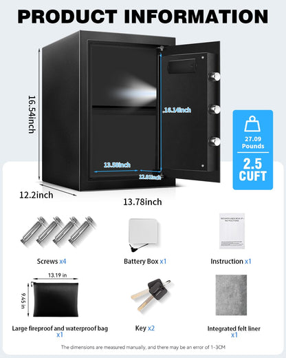 16.54" Tall Large Safe Box with Fireproof Waterproof for Documents - Steel Security Personal Fire Safe with Digital Keypad, Emergency Battery Box & Combination Lock, Safety Box for Valuables Money
