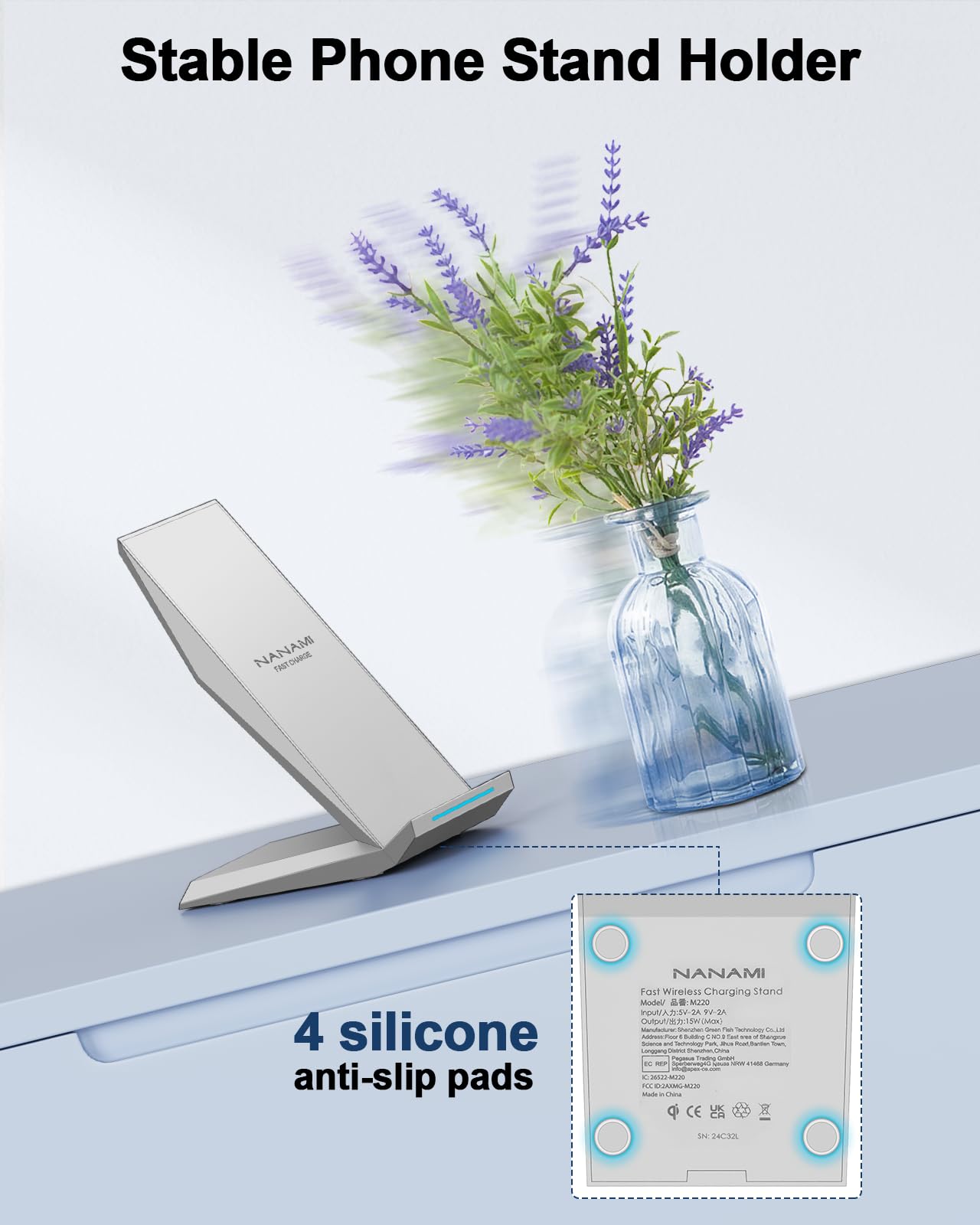 Fast Wireless Charger, NANAMI 15W Qi Certified Wireless Charging Stand Compatible iPhone 17/17 Air/16/15/15 Pro/15 Plus/15 Pro Max/14/13/12, for Samsung Galaxy S25/S24/S23/S22/S21 and Qi-Enabled Phone
