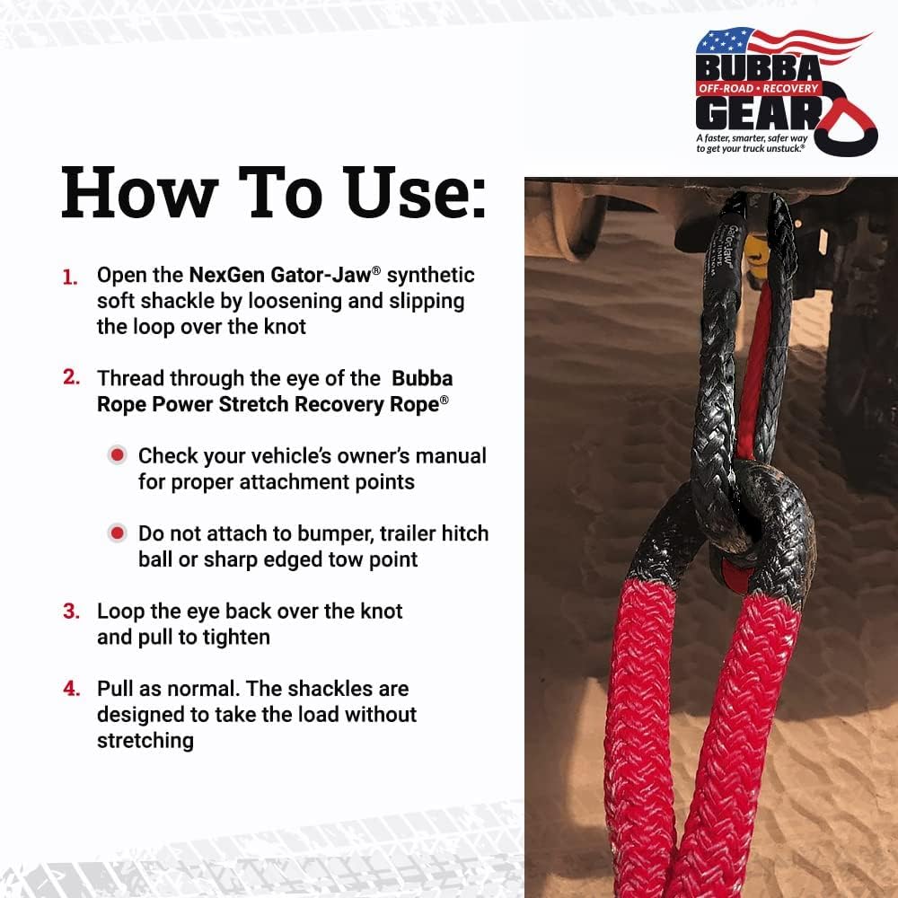Bubba Rope Off-Road Truck Recovery Gear Set – Heavy-Duty Vehicle Tow Kit: Power Stretch Recovery Rope, 7/8” x 30’ - NexGen PRO Gator-Jaw Synthetic Shackles, 3/8” x 6.5” - Red