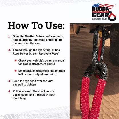 Bubba Rope Off-Road Truck Recovery Gear Set – Heavy-Duty Vehicle Tow Kit: Power Stretch Recovery Rope, 7/8” x 30’ - NexGen PRO Gator-Jaw Synthetic Shackles, 3/8” x 6.5” - Red
