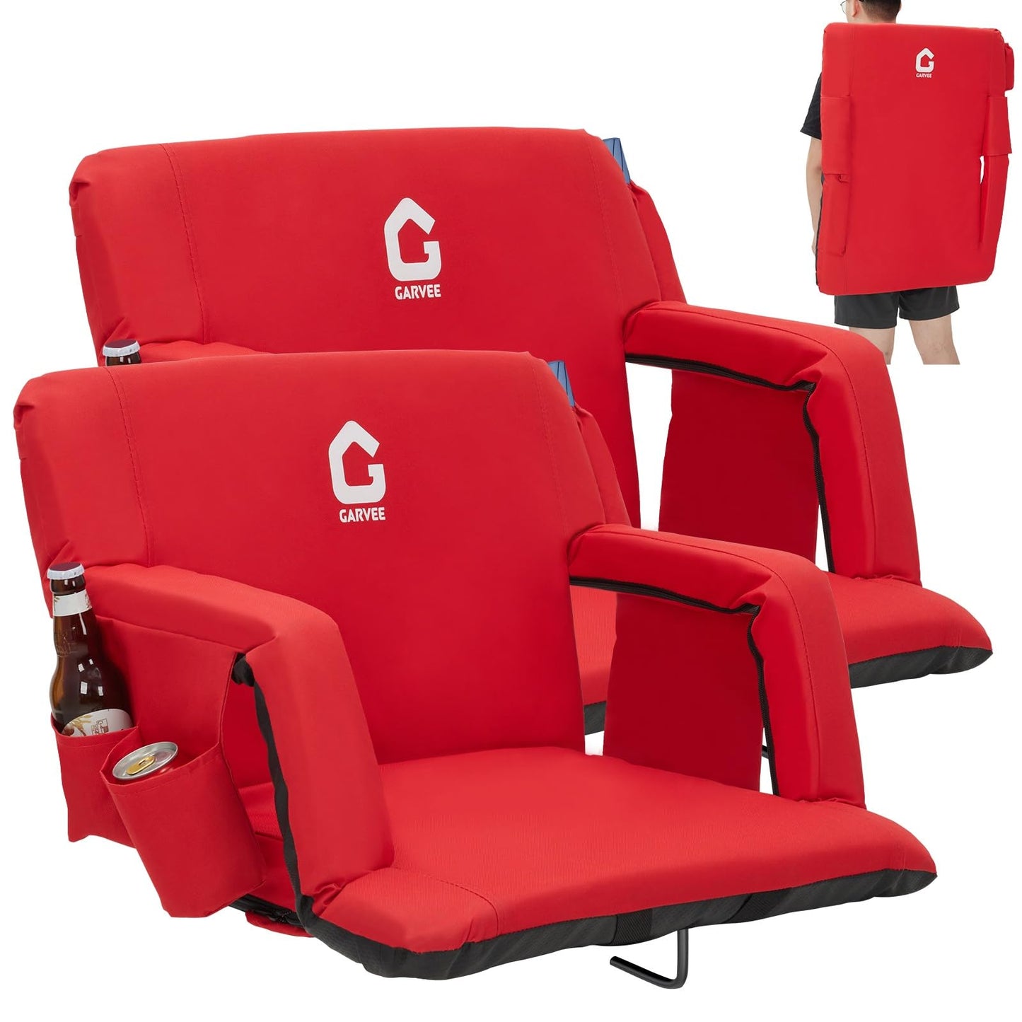 Garvee Stadium Seats with Back Support and Padded Cushion - Extra Wide 24.5" Bleacher Chair with Anti-Slip Mat - Reclining Stadium Football Seats - 6 Adjustable Angle, Large Pockets, Cup Holders - Red