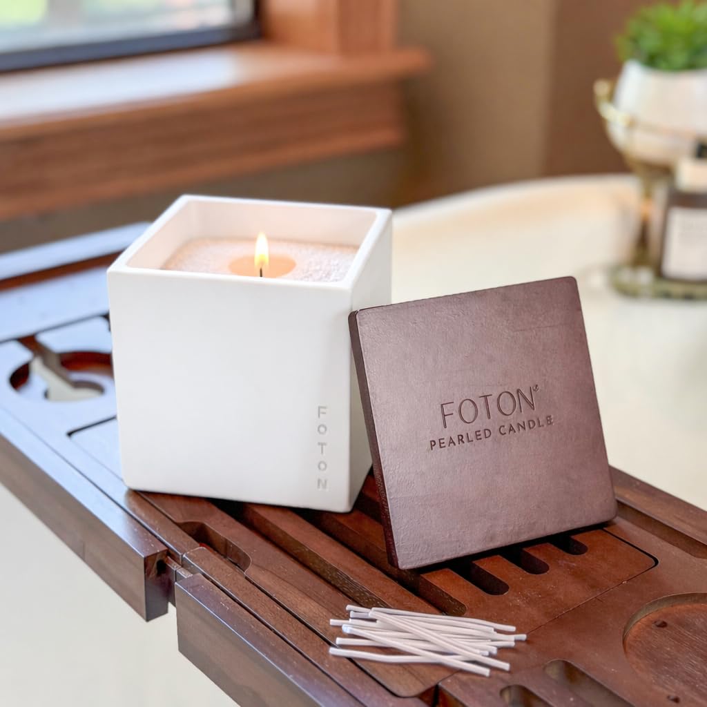 Foton Pearled Candle Le Cube Concrete Vase Set 16 Oz Square - Unscented - Refillable Jar Scented Candle Sand Wax with 15 Wicks - Natural Non-Toxic Decorative Candles for Home
