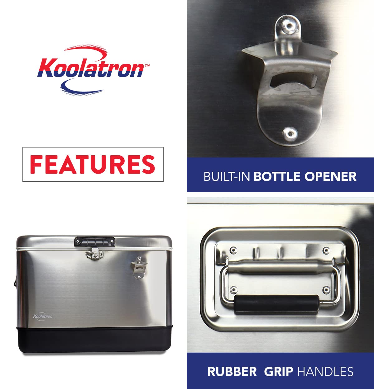 Koolatron Ice Chest Cooler - Portable Ice Bucket with Bottle Opener, Vintage Style, Insulated for Camping, Beach, Picnic, RV, BBQs, Tailgating, Fishing, Stainless Steel 85 Can Ice Box, 51L (54 qt)