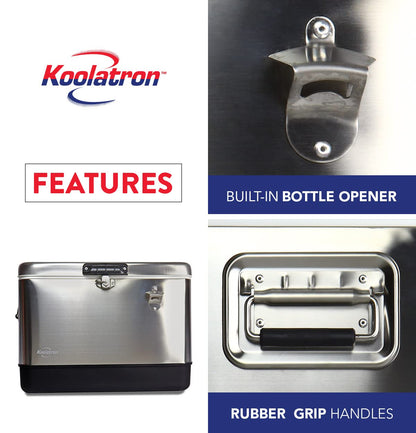 Koolatron Ice Chest Cooler - Portable Ice Bucket with Bottle Opener, Vintage Style, Insulated for Camping, Beach, Picnic, RV, BBQs, Tailgating, Fishing, Stainless Steel 85 Can Ice Box, 51L (54 qt)