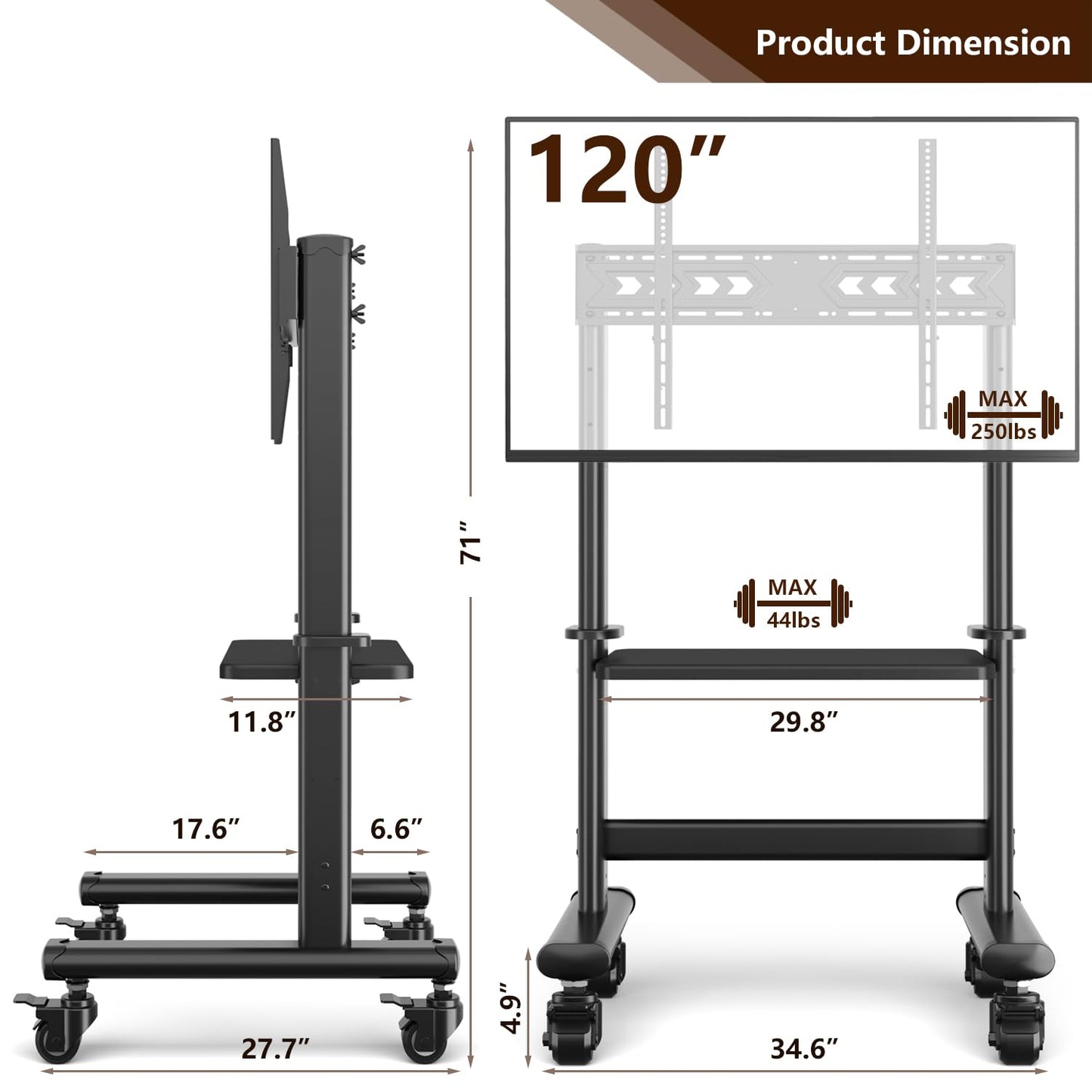 Mobile TV Cart Rolling TV Stand with Wheels for 55-120 Inch LCD LED Flat Curved Screens up to 250 lbs, Max VESA800x600 mm Heavy Duty Portable Floor TV Stand Large Base Trolley Height Adjustable
