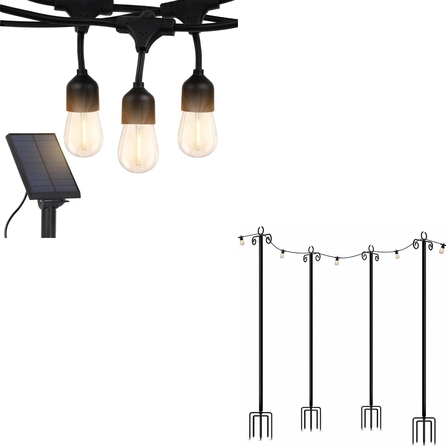Brightech Bundle Ambience Pro 27 Ft Solar Powered Outdoor String Lights + 4-Pack 10FT String Light Poles