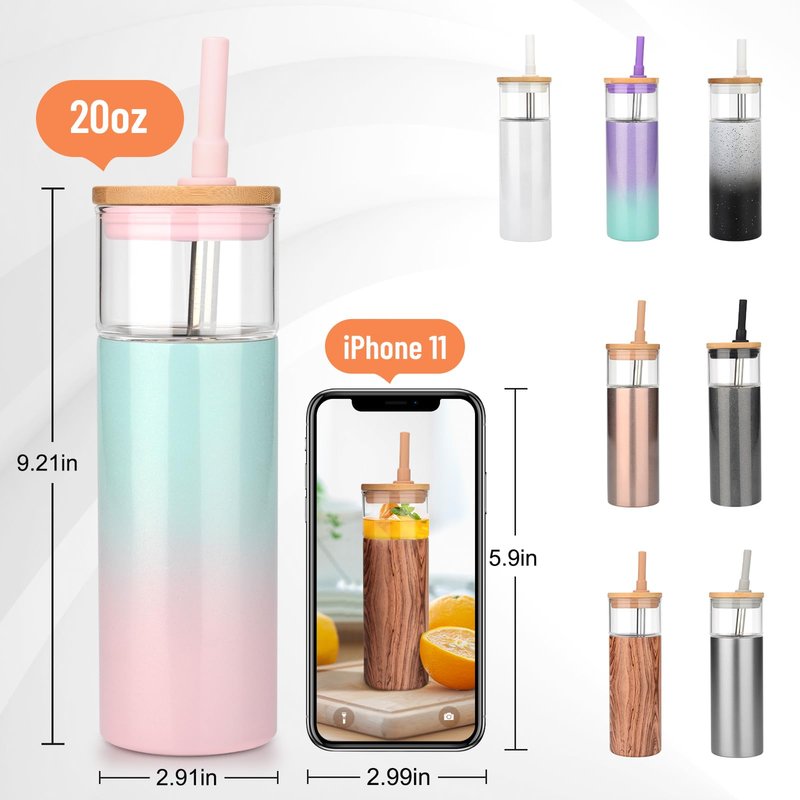 Tronco 20 oz Vacuum Insulated Glass Tumbler with Lid and Straw - Keeps Drinks Cold for 12 Hrs - Reusable Glass Cup for Iced Coffee, Smoothies & Boba - Sweat & BPA Free, Dishwasher Safe, Fit Car Holder