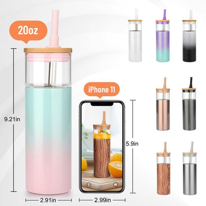 Tronco 20 oz Vacuum Insulated Glass Tumbler with Lid and Straw - Keeps Drinks Cold for 12 Hrs - Reusable Glass Cup for Iced Coffee, Smoothies & Boba - Sweat & BPA Free, Dishwasher Safe, Fit Car Holder