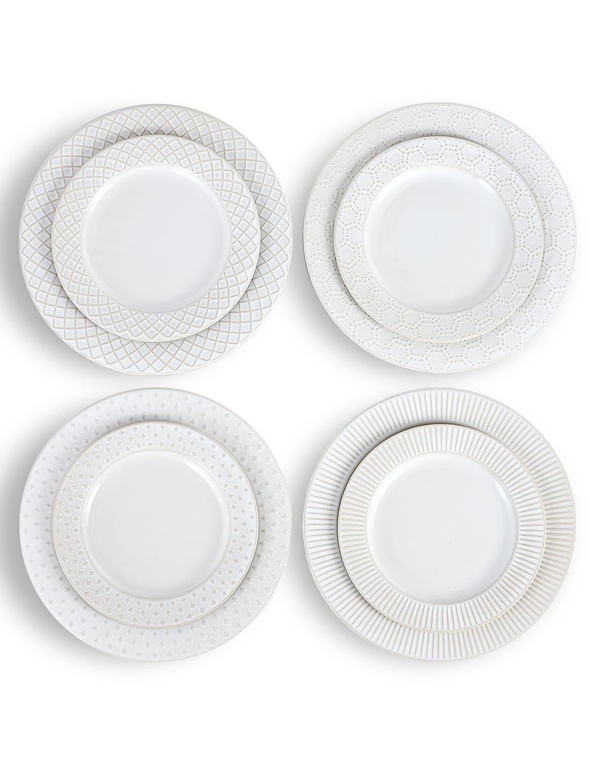 Pyrilo 10.4-Inch Embossed Ceramic Plates Set of 4 - Arctic White Dinner Plates for Kitchen Dining Microwave Dishwasher Safe Scratch Resistant Plate Sets Housewarming Wedding Gift