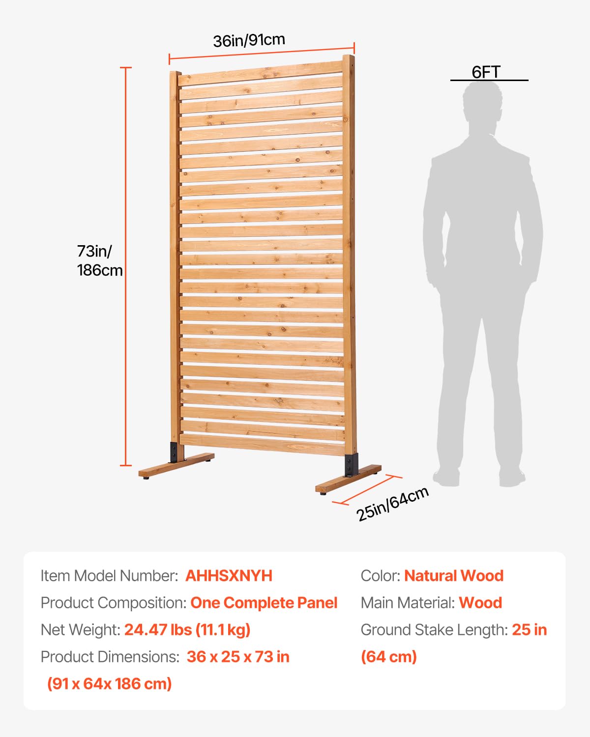 VEVOR Wooden Privacy Screen,36" W x 73" H Outdoor Privacy Screen, Freestanding Wood Privacy Panel with Stand,Outdoor Divider for Balcony Patio Lawn Garden