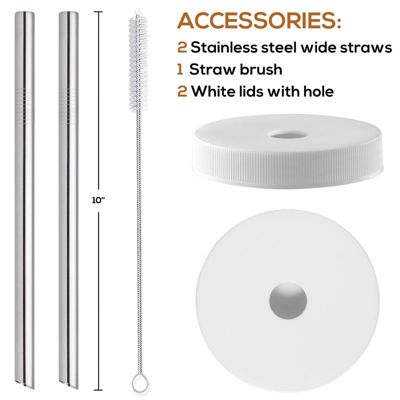 [ 8 Pack ] Glass Juicing Bottles with 2 Straws & 2 Lids w Hole- 16 OZ Travel Drinking Jars, Water Cups with White Airtight Lids, Reusable Tall Mason Jar for Juice, Bubble Tea, Smoothie, Tea, Kombucha