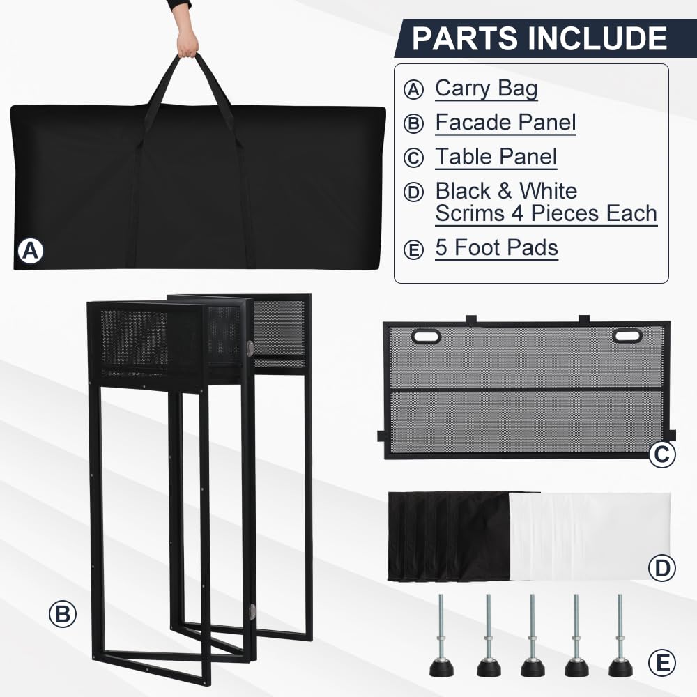 Kokorona Portable DJ Booth 43"L x 20"W x 45"H, DJ Facade Booth with Black & White Scrims, Folding DJ Booth for Party, DJ Facade Table Booth with Cable Hole, Black Metal Frame + Carry Bag