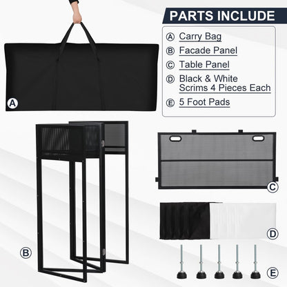 Kokorona Portable DJ Booth 43"L x 20"W x 45"H, DJ Facade Booth with Black & White Scrims, Folding DJ Booth for Party, DJ Facade Table Booth with Cable Hole, Black Metal Frame + Carry Bag
