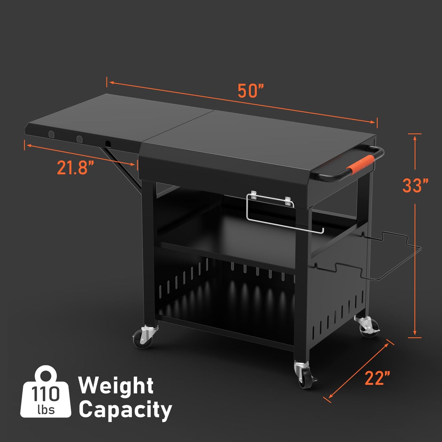 Outdoor Grill Table Cart for Blackstone 28"/36" Omnivore Griddle, 50" x 22“ Large Outdoor Kitchen Island with Foldable Side Table for Blackstone 17”/22” Griddle, Home BBQ, Tailgates, Cookouts