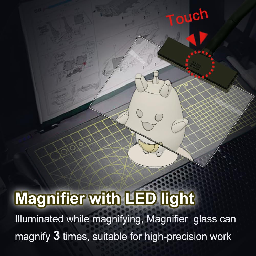 Portable Workbench for Gundam Model Making, Model Kit Tool for Gundam Building, with LED Light and Magnifying Glass Suitable for High-Precision Work,KJ019