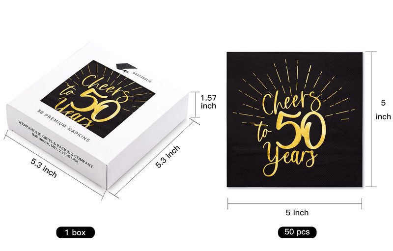 WRAPAHOLIC 50Pcs 50th Birthday Napkins - 3-Ply Disposable Paper Cocktail Napkin, Black and Gold Foil Cheers to 50 Years - 5 x 5 In