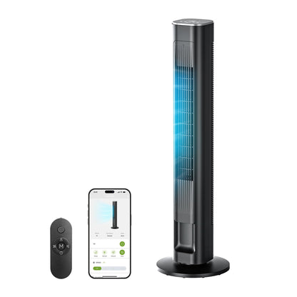 MORENTO Tower Fan for Bedroom, 2026 Upgraded 90° Oscillating 43" Standing Fan with 4 Speeds, 4 Modes, 25ft/s Velocity Bladeless Fan with APP/Voice/Remote/Touch Control, 28dB, 12H Timer, Black 1Pack