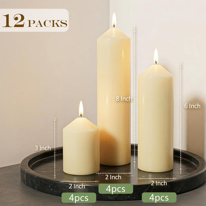 12 Packs Ivory Pillar Candles for Centerpiece, 2x3 2x6 2x8 Inch, Classic Unscented Wedding Candles for Hurricane, Dripless and Smokeless Candles for Party, Home Decor, Mantels