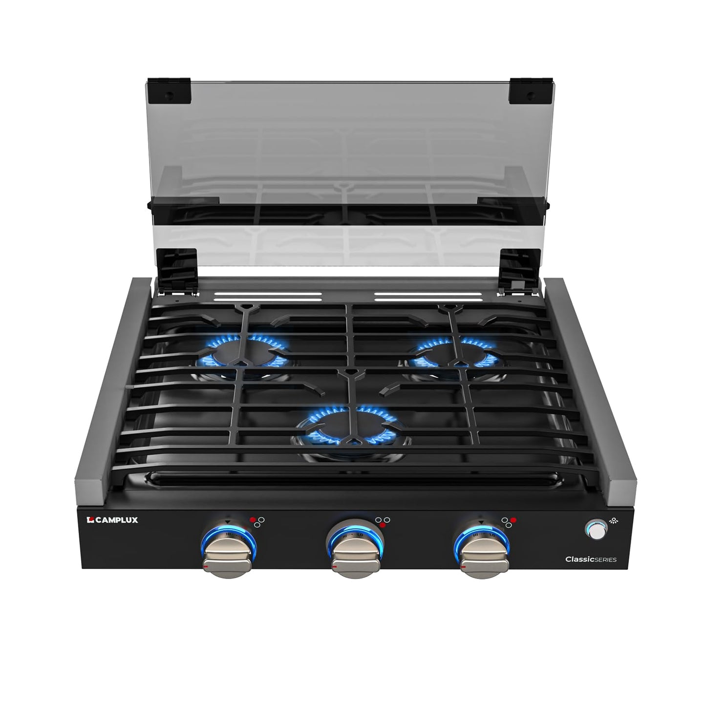 CAMPLUX Classic RV Stove 3 Burners 21,000 BTU, 21 Inches Propane Cooktop with Tempered Glass Cover, RV Stove Top, Slide-in for Camper Trailers, Motorhomes, and Boats, Black RGH21IB