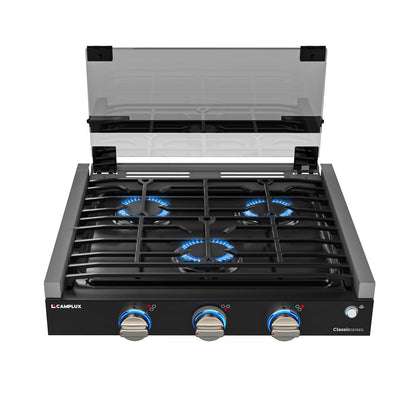 CAMPLUX Classic RV Stove 3 Burners 21,000 BTU, 21 Inches Propane Cooktop with Tempered Glass Cover, RV Stove Top, Slide-in for Camper Trailers, Motorhomes, and Boats, Black RGH21IB