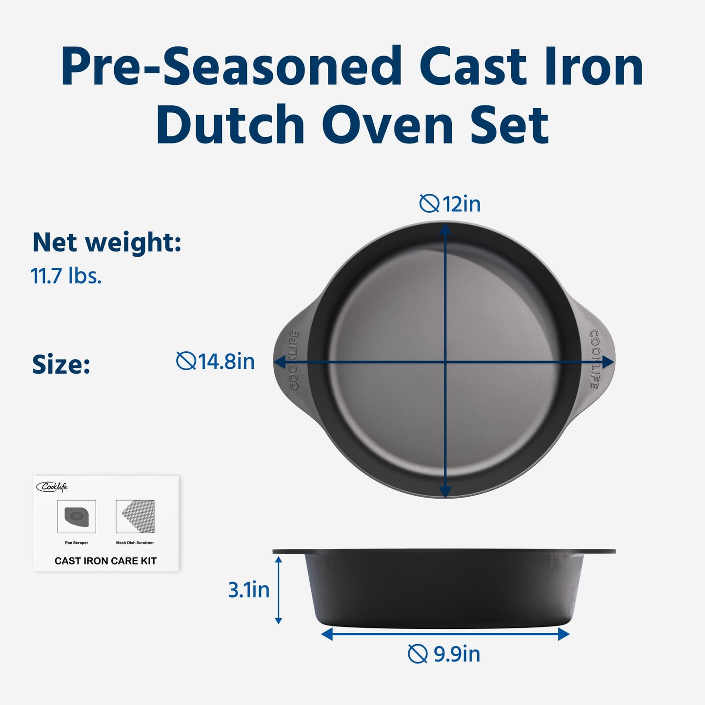 COOKLIFE 5.5 Quart Lightweight Pre-Seasoned Cast Iron Dutch Oven with Lid - Smooth Polished Surface, Easy to Clean Cast Iron Pot Use in the Oven, on the Stove or Grill, Over a Campfire