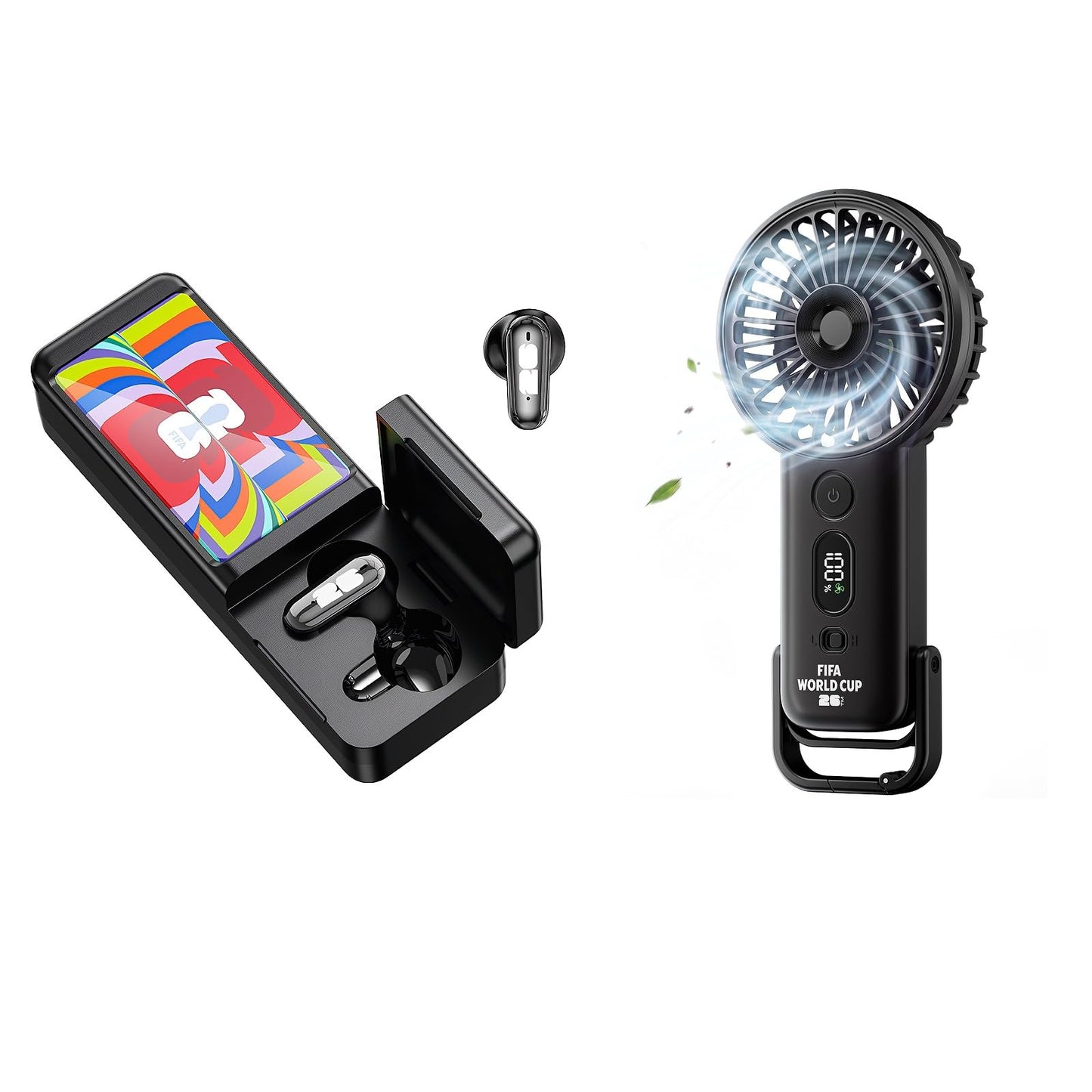Covbozk FIFA World Cup 2026 Licensed 5-Gear Wind Handheld Turbo Fan and 3-in-1 Wireless Earbuds Flashlight for Outdoor Travel