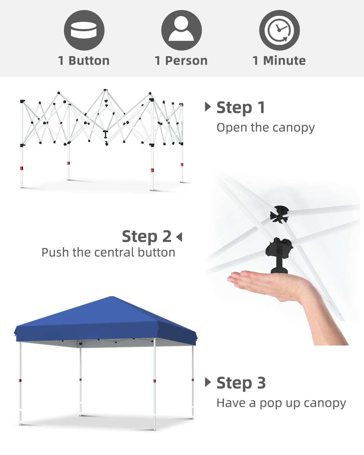 GarveeLife 10x10 Pop Up Canopy with One Button Push Setup - Heavy Duty Outdoor Canopy Tent with Portable Roller Bag - 3 Adjustable Height, 4 Weight Bags, 8 Stakes & 4 Guy Ropes Included, Blue