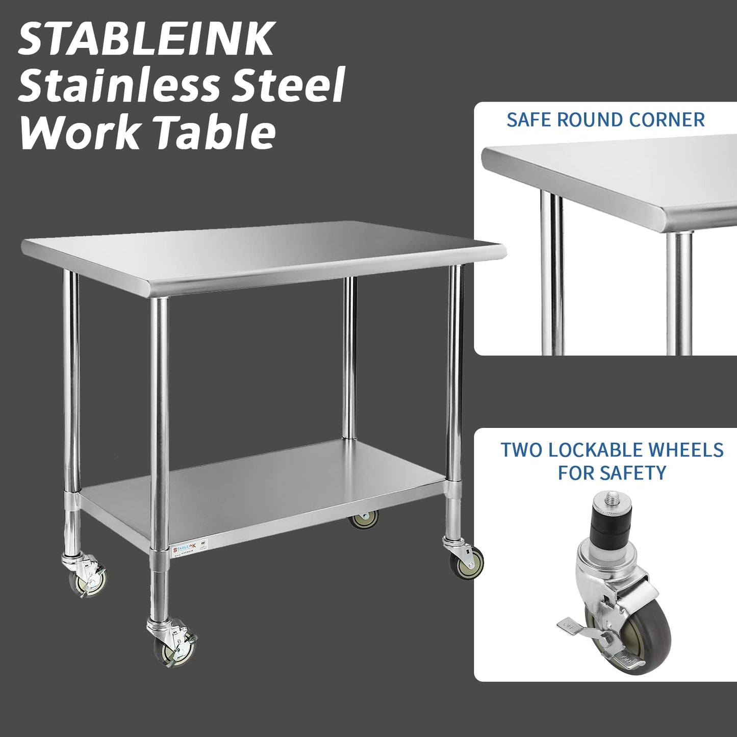 STABLEINK NSF Stainless Steel Table with Wheels 36x24 Inches 3ft, Metal Prep & Work Table with Adjustable Undershelf, for Commercial Kitchen, Restaurant, Laundry, Hotel and Garage