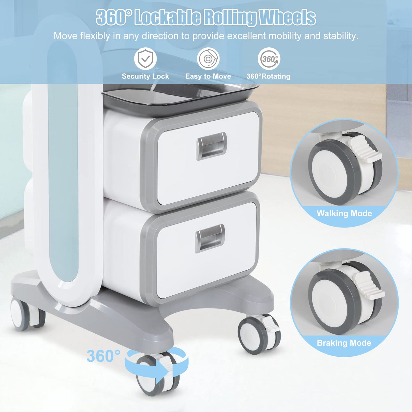 Mobile Medical Trolley Cart 130 Lbs Load Portable Professional for Ultrasound Imaging Scanner Vehicle Beauty Storage Cart with Drawers Tool Tray Wheels for Home Hospital Office Medical Clinic