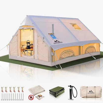 13' x 10' Large Inflatable Tent for Camping 8-10 Person, 4 Season Inflatable Hot Tent with Stove Jack, Easy Setup Blow Up Tents for Camping with Hand Pump, Waterproof Floor Matress