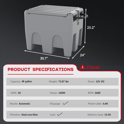 48 Gallon Portable Fuel Transfer Tank with 12V Electric Pump, 10GPM Flow, 13Ft Hose & Auto Nozzle – Diesel Transfer Tank for Trucks, Tractors, Boats, Generators – Gray