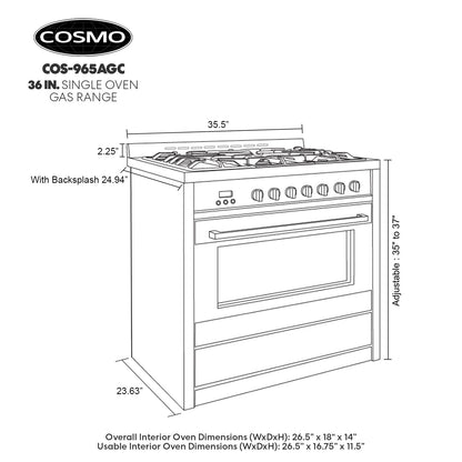 COSMO COS-965AGC 36 in. Gas Range with 5 Burner Cooktop, 3.8 cu. ft. Capacity Rapid Convection Oven with 5 Functions, Heavy Duty Cast Iron Grates in Stainless Steel, 36 inches