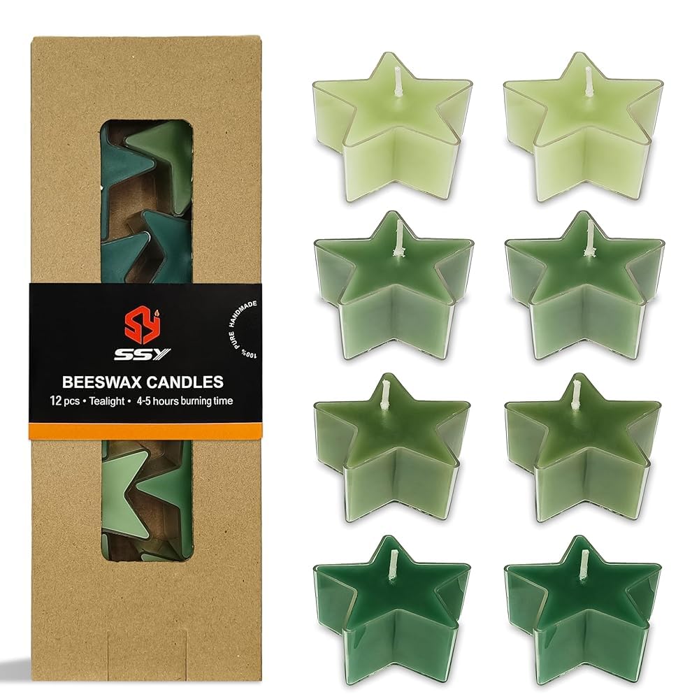 Tea Lights Gradation Green Star Tea Candles Set of 12 – Tealight Candles with Cedar Scent, Long Burning Handmade Tealights for Wedding Meditation Home Decor Gift